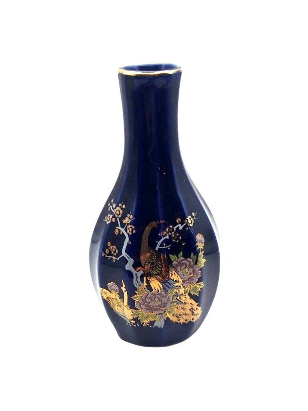 Cobalt Blue Bud Vase Porcelain Ribbed Gold Peacock Cherry Trees Japan Vintage